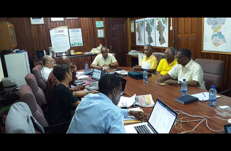 Executives of the GGDMA in meeting with A-Z Consultants Inc. on the restructuring and reorganising of GGMC. The GGDMA President, Mr. Terrence Adams, is at the far centre