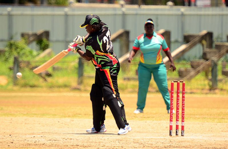 Guyana’s Player of the match, Erva Gididngs plays through the offside during her top score of 34 not out against the Windward Islands. (Adrian Narine Photo