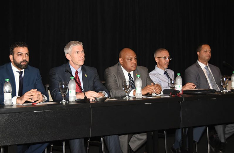 Members of the head table at the launching of the summit. From left , Managing-Director , Shariq Abdulhai ; ExxonMobil’s Country Manager, Rod Henson ; Minister of Natural Resources , Raphael Trotman; Minister of Business, Dominic Gaskin and Go-Invest head, Owen Verwey.