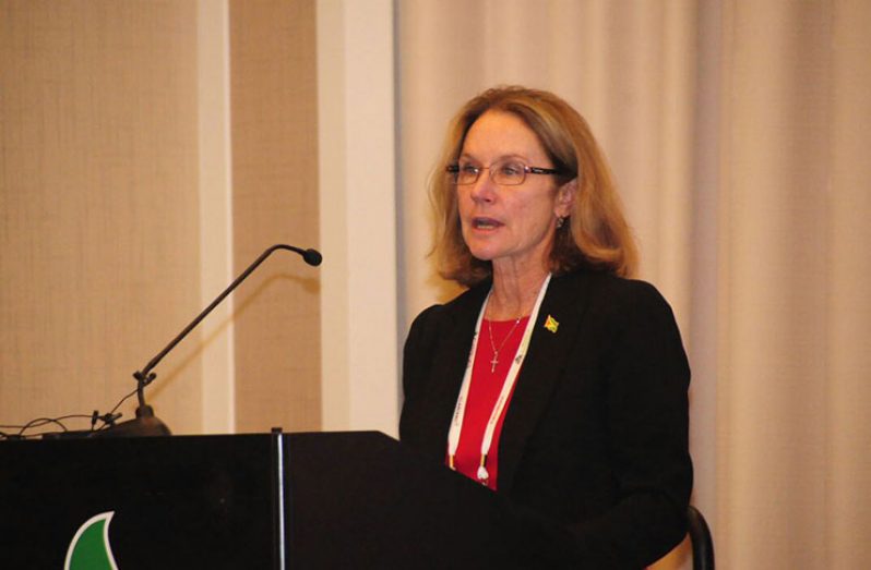 Lisa Waters, Vice-President of ExxonMobil Development Company, during her presentation at the inaugural Guyana International Petroleum Business Summit and Exhibition (GIPEX) on Wednesday at the Guyana Marriott Hotel in Kingston. (Delano Williams photo)