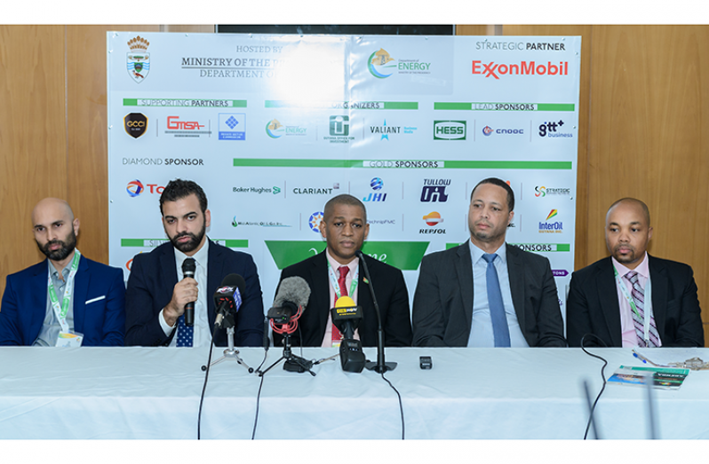 From left- President of GCCI, Nicholas Boyer; Managing Director of Valiant Business Media, Shariq AbdulHai; Director of the Department of Energy, Dr. Mark Bynoe; Chief Executive Officer of Go-Invest, Owen Verwey and CEO of Sagacity Christopher Chapwanya at the final GIPEX presser (Delano Williams photo)