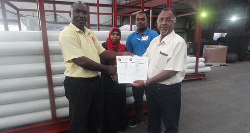 The renewal certificate, which is valid for one year, was presented by Mr Al Fraser, Technical Officer II of the GNBS to PPL’s Plant Manager, Mr. Bharrath Rampersad in the presence of Ms. Zorina Armaugan, Production Assistant of PPL and Mr. Keon Rankin, Technical Officer I of the GNBS.