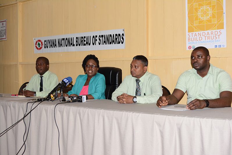 (Left to Right) Public Relations Officer (PRO) of the GNBS, Lloyd David, Executive Director Candelle Walcott-Bostwick, Head of Legal Metrology Department, Shailendra Rai and Senior Inspector for Legal Metrology and Standards Compliance, Dillon Beckles during the press conference