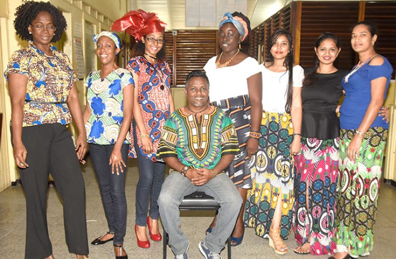 GNNL staff in full Emancipation mode. Standing from left are: Kim Halley, Rakel Joseph, Sarah Boyce, Regina Paul, Yogeeta Sooklall, Shivanie Sukhna, and Malika Persaud. Seated at centre is Marketing Co-ordinator, Akash Persaud. (Photo by Adrian Narine)