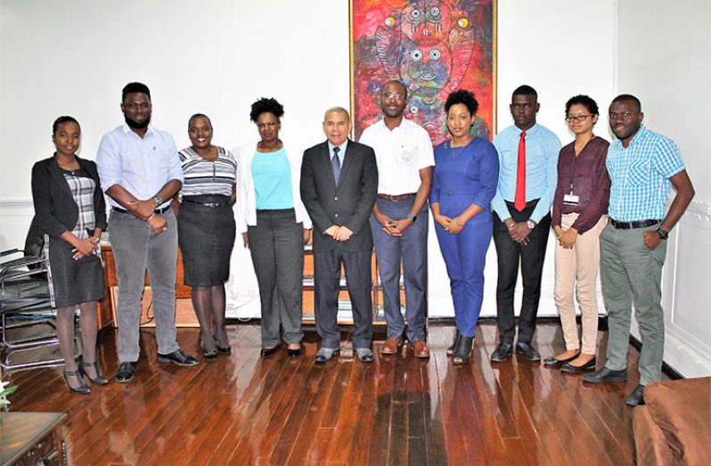 (From left) Head of Administration of the Youth Empowerment Unit, Ms. Fayon Marshall; Interim Chairman of the GNYC, Derwayne Wills; Incoming Chairperson for Inclusion and Regional Participation of the GNYC, Dr. Shonette Waterman; Assistant Director of Youth, Ms. Leslyn Boyce; the Honourable Minister of Social Cohesion with Responsibility for Culture, Youth and Sport, Dr. George Norton; Incoming President of the GNYC, Dr. Quacy Grant; Incoming Vice-President of the GNYC, Delecia George; Incoming Treasurer of the GNYC, Rondell Nedd; and Member of the GNYC Communications Committee, Mrs. Cristal Johnson and Project Officer of the Department of Youth, Mr. Jermaine Watson.