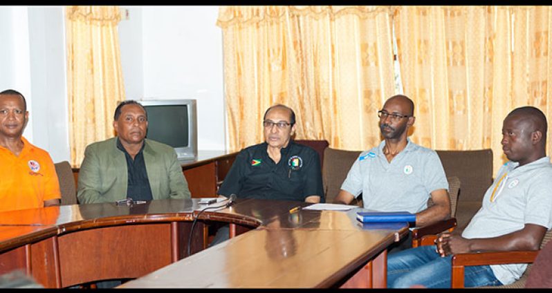At yesterday’s  press conference: Seated from left are: AAG President, Aubrey Hutson, GASA President, Ivan Persaud, GOA President, K.A. Juman-Yassin, Chef-de-Mission, Garfield Wiltshire, and swimming coach, Paul Mahaica. (Delano Williams photo)