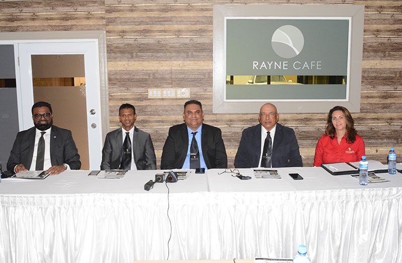 From left: Attorney-at-Law, Sase Gunraj of Gunraj and Company; Chief Marketing Officer, West Indies cricket legend, Shivnarine Chanderpaul; Chief Technology Officer, Paul Ramkissoon; CEO Surendra “Chris” Thakoorpersad; and GP’s President, Myrna Nieves (Rabindra Rooplall photo)