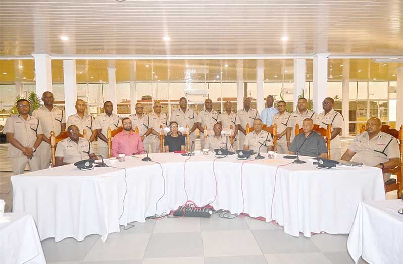 Minister of Home Affairs, Oneidge Walrond (seated third from left) urged commanders and senior officers to embrace integrity, discipline, and accountability as the pillars of effective policing