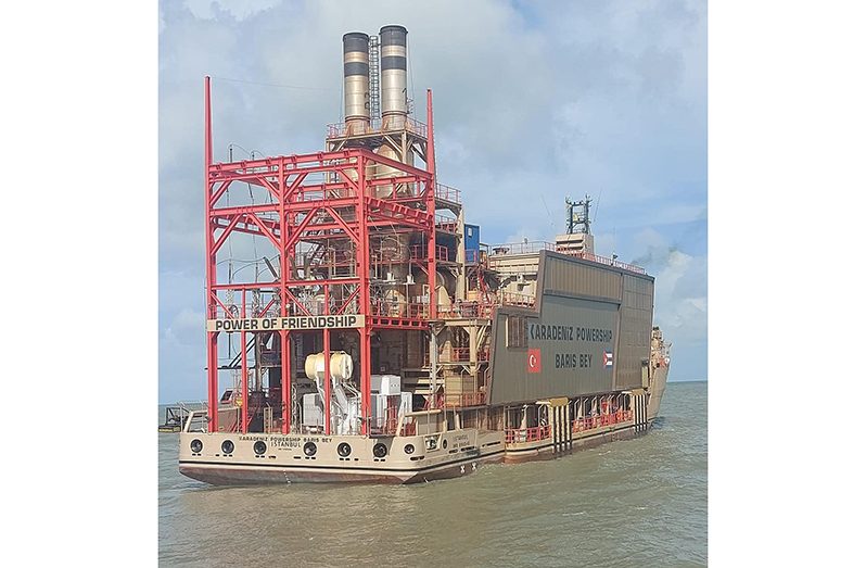 The 36-megawatt power ship has arrived at Everton, Berbice, and will soon be connected to the national grid