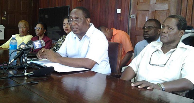 GPSU President, Mr Patrick Yarde (centre) with other Union representatives yesterday