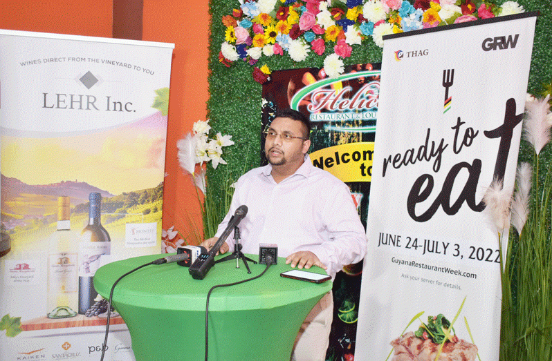 Director (ag) of the Guyana Tourism Authority (GTA), Kamrul Baksh, speaks at the launch of Guyana Restaurant Week (GRW) season 14