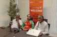 Global Super League Chairman Clive Lloyd, Amazon Warriors captain Imran Tahir, and GSL tournament director Michael Hall