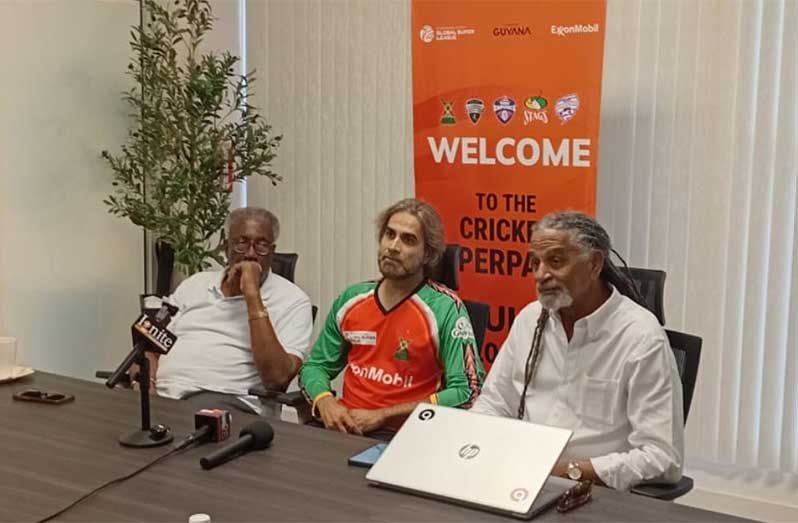 Global Super League Chairman Clive Lloyd, Amazon Warriors captain Imran Tahir, and GSL tournament director Michael Hall
