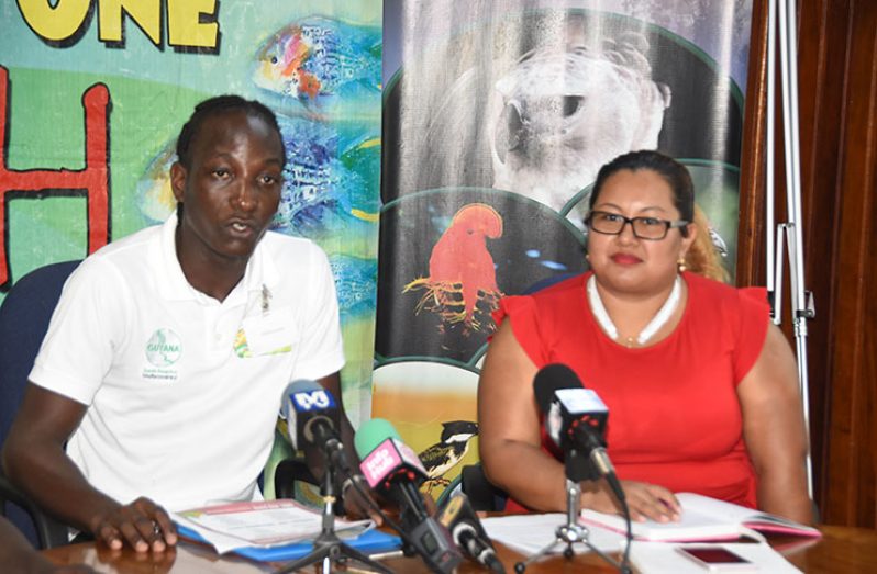 Rockstone Fish Festival Coordinator Amatsyah Joseph and GTA Logistics Manager Carla Chandra speaking to members of the media on Friday