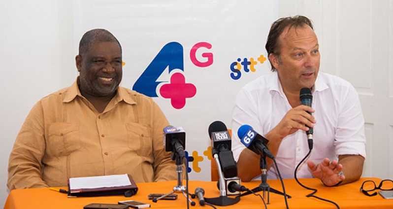 GTT’s Chief Commercial Officer, Gert Post addressing the press in the presence of the Permanent Secretary of the Ministry of Public Telecommunications, Derrick Cummings at the company’s flagship store at the Fogarty’s Building in Georgetown