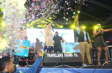 Ganesh Kasinath (second from right) on stage as he is announced as the GTT +Star Singing Competition winner last Monday night (Elvin Croker photo)