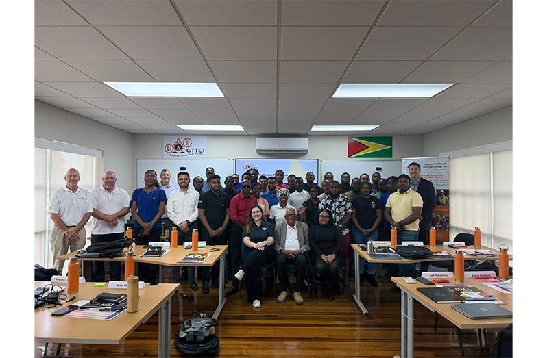 Director of the GTTCI, Professor Emeritus Clement Sankat, the trainers and the 28 new students who will be undertaking the College’s first accredited Diploma programme in Guyana (Source: Professor Sankat)