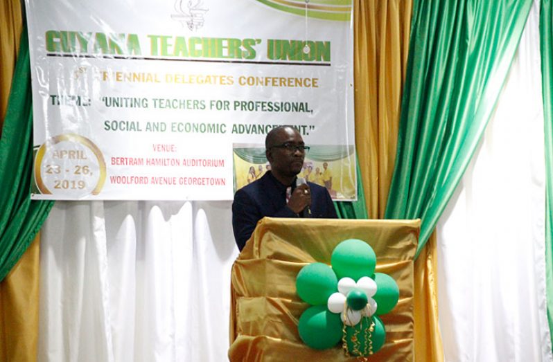 Guyana Teachers’ Union (GTU) President, Mark Lyte, delivers remarks