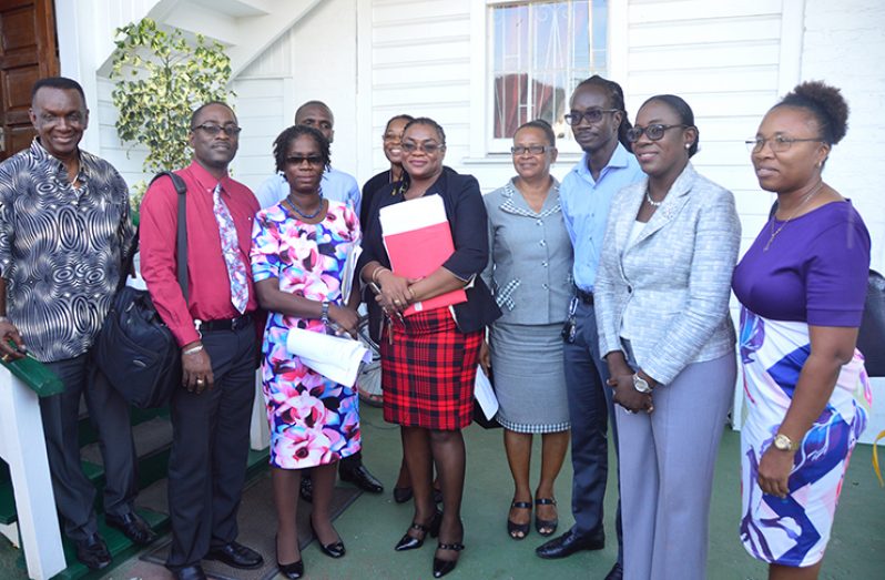 All smiles! Minister of Education, Nicolette Henry (second left) flanked by executive members of the GTU after “fruitful” discussions between the parties on Wednesday (Adrian Narine photo)