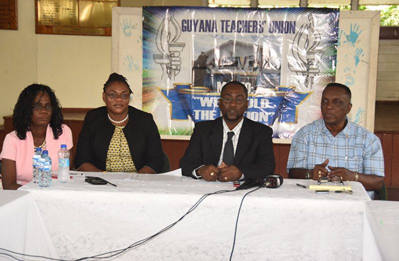 GTU General Secretary, Coretta McDonald and president Mark Lyte, along with GTU first Vice President, Leslyn Collins (left) and Executive member, Lancelot Baptiste at Thursday’s press briefing