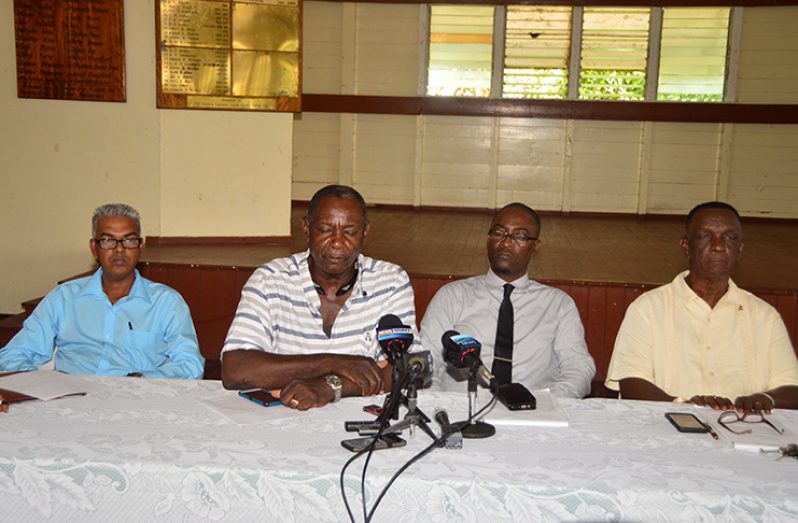Seated from left at the press conference hosted by the Guyana Teachers’ Union (GTU) on Wednesday, are: General-Secretary of the Federation of Independent Trade Unions of Guyana (FITUG), Dawchan Nagasar; General-Secretary, Guyana Trades Union Congress (GTUC), Lincoln Lewis; GTU President Mark Lyte; and GTU Field-Secretary Lancelot Baptiste (Adrian Narine photo)