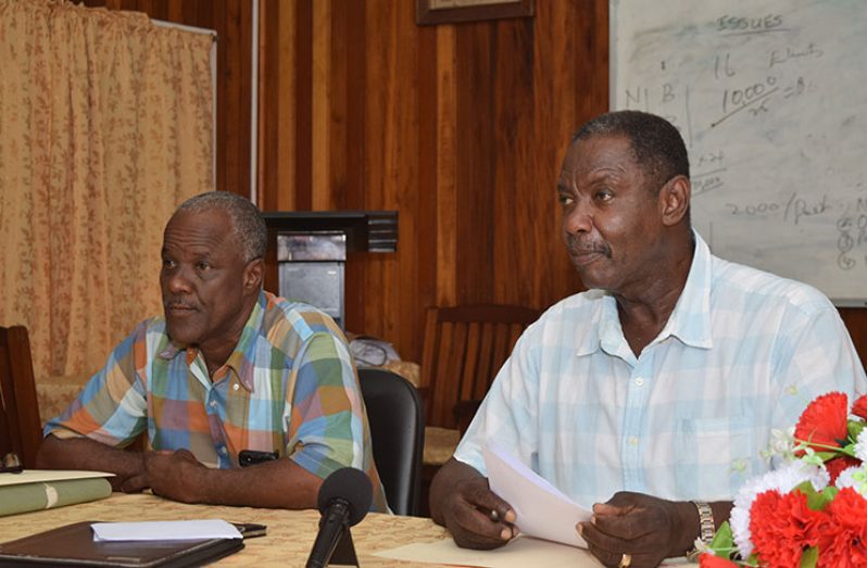 President of the GTUC, Leslie Gonsalves (left) and General Secretary of the GTUC, Lincoln Lewis, were at the news conference on Tuesday