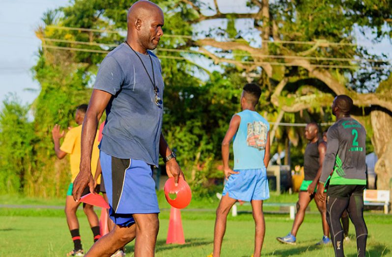 Guyana head coach Kenneth Grant-Stuart during Wednesday’s practice session at the National Park. (Samuel Maughn photo)