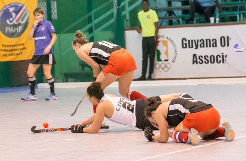 Guyana’s Gabriella Xavier makes a desperate dive against Canada yesterday. (Samuel Maughn photos)