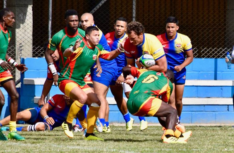 : Part of the action between Guyana and Colombia on Sunday in the Americas Rugby Challenge.