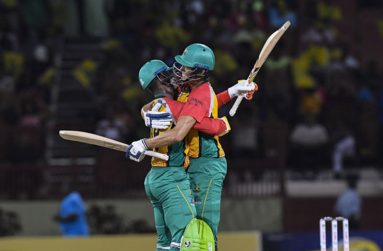 FLASHBACK! Shimron Hetmyer (L) and Chris Green (R) of Guyana Amazon Warriors celebrate winning the Hero CPL Match 2 between Guyana Amazon Warriors and St Kitts & Nevis Patriots at Guyana National Stadium, Providence, Guyana on August 9, 2018.