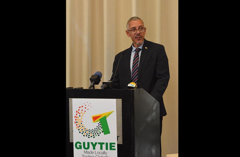 Minister of Business Dominic Gaskin at the GuyTIE launch at the Marriott Hotel on Wednesday (Samuel Maughn photo)