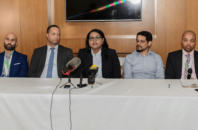 The organisers of the Guyana Trade and Investment Exhibition (GuyTIE) 2020 seated from left to right are: Georgetown Chamber of Commerce and Industry (GCCI) President, Nicholas Boyer; Chief Executive Officer of Go-INVEST, Owen Verwey; Coordinator of GuyTIE, Tameca Sukdeo-Singh; Caribbean Export’s Competitiveness and Export Promotion Manager, Damie Sinanan and CEO at Sagacity, Christopher Chapwanya.