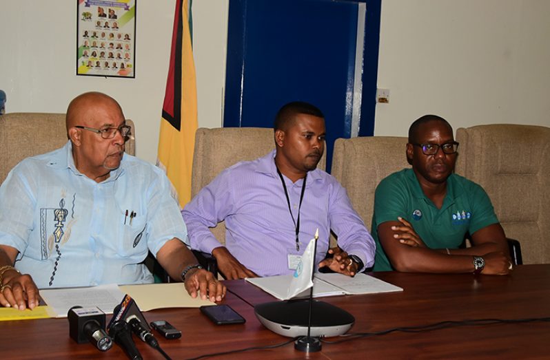 The media were briefed about future projects of the Guyana Water Inc. (GWI) to improve its pressure supply at a press conference yesterday. Seated from left are: Managing-Director, Dr Richard Van-West Charles; Executive Director of Project Implementation and Partnership Building, Ramchand Jailal and Executive Director of Corporate Services, Nigel Niles (Photo by Adrian Narine)