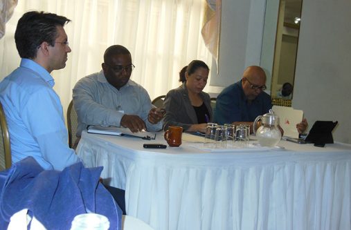 (L-R) Facilitator - Dr. Carlos M. López Vázquez, Executive Director of Customer Services & Customer Relations; GWI’s Executive Director of Project Implementation & Partnership Building, Ramchand Jailal;   Minister within the Ministry of Communities, Dawn Hastings-Williams and Managing Director of GWI, Dr. Richard Van West-Charles