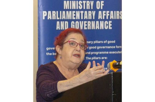 Minister of Parliamentary Affairs and Governance of the Cooperative Republic of Guyana, Gail Teixeira, during her presentation at the first International Human Rights Law Certificate Course at the Pegasus Grand Savannah Suite, Georgetown, on Monday (Japheth Yohan  photos)  