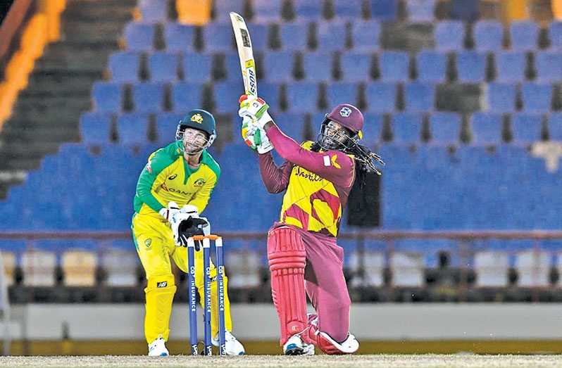 Chris Gayle goes big against Australia on Monday. (AFP/Getty Images)