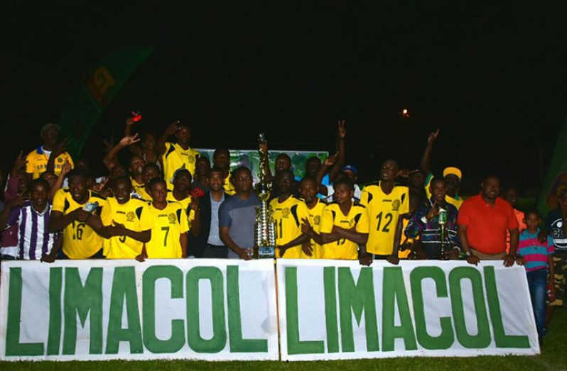 Champions! Western Tigers display their Limacol trophy after defeating Police 1-0 in the finals at GFC Ground on Saturday evening (Adrian Narine Photo)
