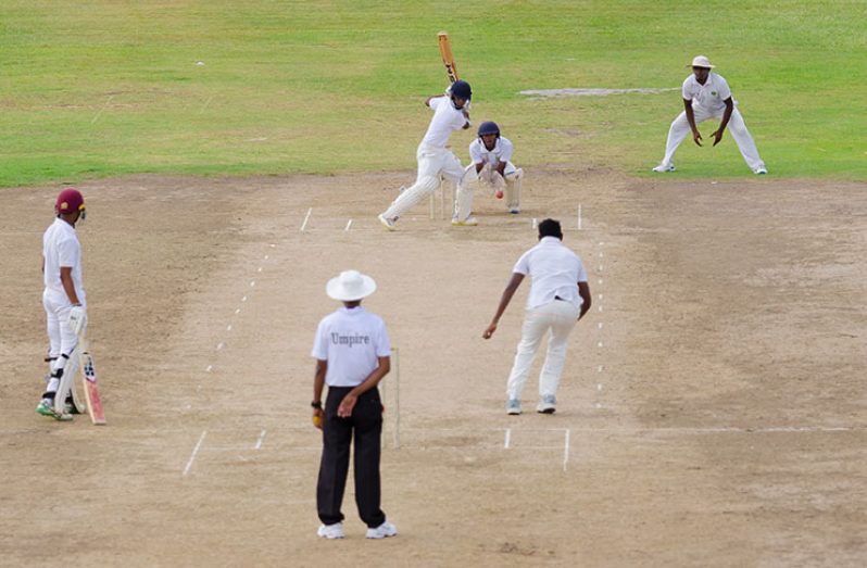 Select U-17 opener Matthew Nandu cuts through the offside during his knock of 43 against Berbice at the Everest ground. (Michelangelo Jacobus photo)