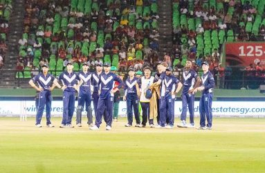 Australia’s Victoria await the outcome of a review against the Guyana Amazon Warriors during their global super-league match (Japheth Savory photo)