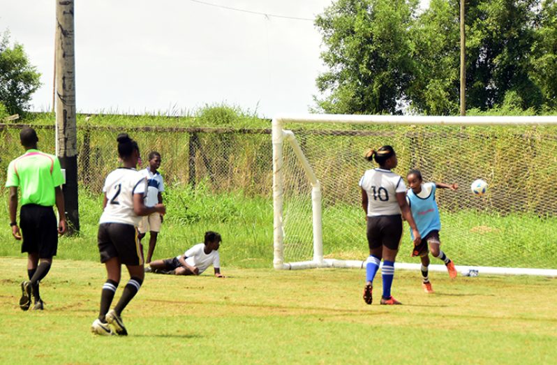 Girl Power! In this Adrian Narine photo, a Dolphin student scores one of her team’s 4 goals in yesterday’s ExxonMobil U-14 football tournament.