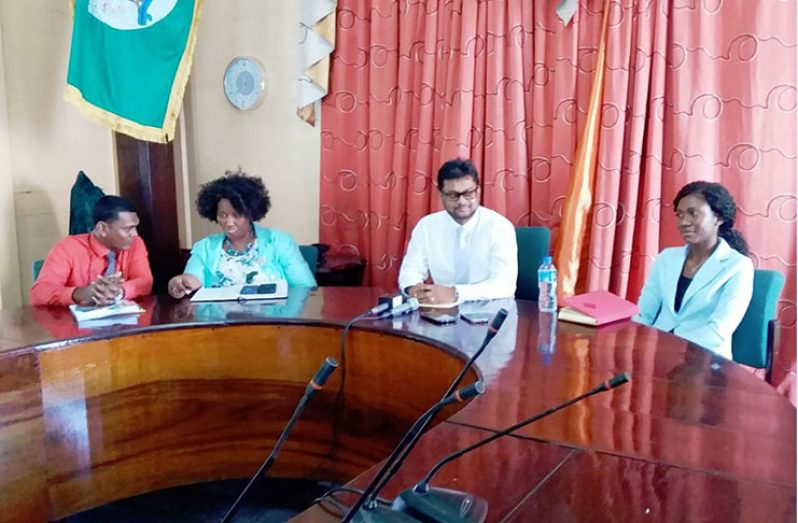 Mayor Ubraj Narine (second, right)  at Tuesday’s press briefing, along with Solid Waste Director, Walter Narine; acting Town Clerk, Sherry Jerrick (second, left); and Deputy Town Clerk (ag), Candace Nelson