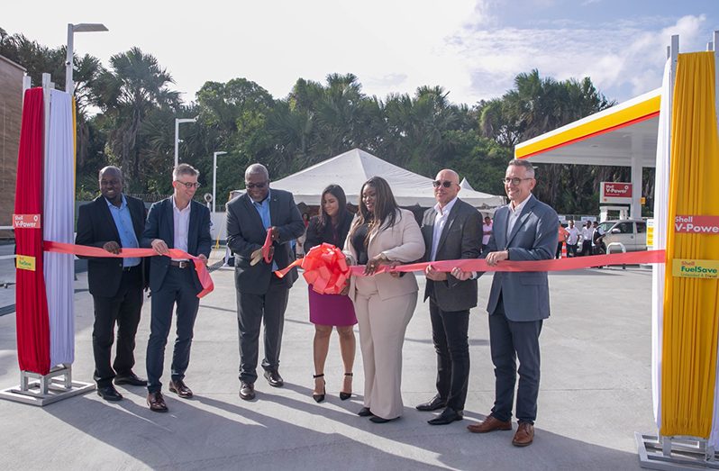 Prime Minister, Brigadier (Ret’d) Mark Phillips joins other officials in the ceremonial opening of the new Sol Guyana Incorporated’s US$2.8 million Shell Service Station at Mandela Avenue (Office of the Prime Minister photo)