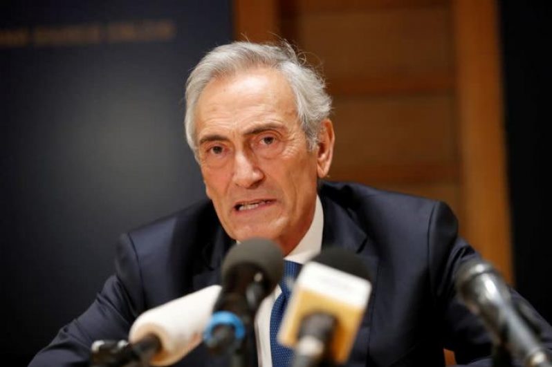 Italian Football Federation (FIGC) president Gabriele Gravina speaks to the media after a board meeting to discuss among other issues, measures to punish supporters taunting players with racist chants.