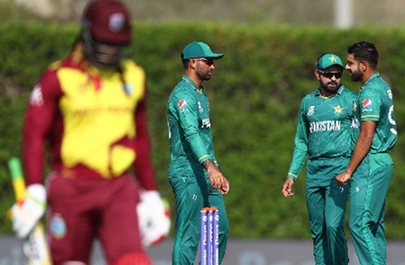 Left-hander Chris Gayle walks off after being dismissed cheaply in West Indies’ warm-up defeat to Pakistan on Monday.
