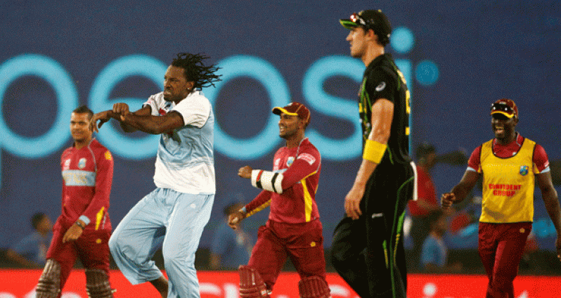 Chris Gayle leads the celebration as the West Indies beat Australia in the ICC World T20 match at Sher-e-Bangla Stadium yesterday. (WICB Media Photo)