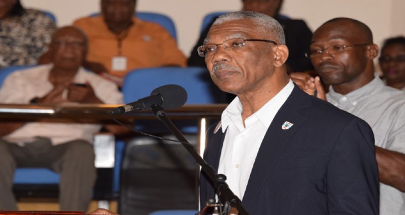 President David Granger addressing the gathering yesterday at the first-ever National Conference on Gender and Development Policy at the Arthur Chung International Convention Centre 
