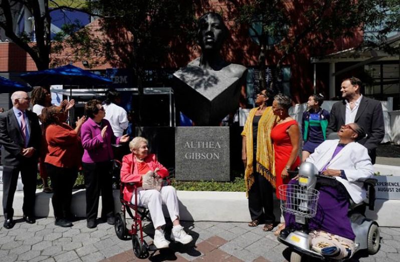 Flushing, NY, USA; A statue honouring Althea Gibson is unveiled outside Ashe Stadium at the National Tennis Center in NYC. Mandatory Credit: Robert Deutsch-USA TODAY Sports