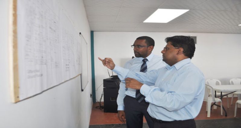 Finance Minister, Dr. Ashni Singh consults with Ian Ramdeo, director of the company developing the Giftland Mall, on the facility’s plan