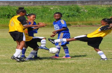 Flashback! Part of the semifinal action between giant-killers St Stephen’s Primary (yellow) and pre-tournament favourites Enterprise Primary which the former won 10-9 on sudden death penalty kicks last Sunday.