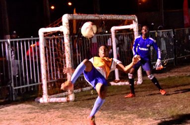 In this Adrian Narine photo, an attacker attempts the famous bicycle kick during last evening’s final round of the Petra/Ministry of Health/Stop Gender-Based Violence Football tournament.